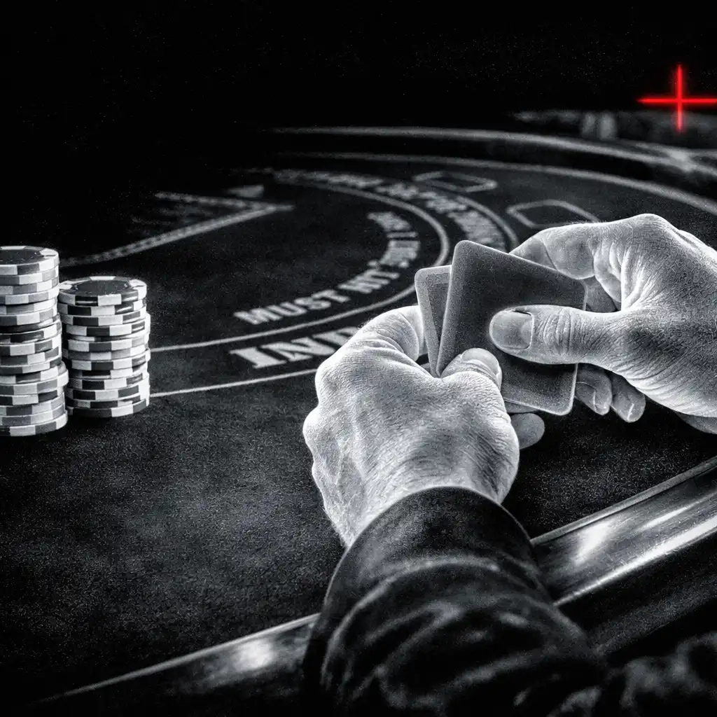 Inverted monochrome view of adult hands holding playing cards above a blackjack table
