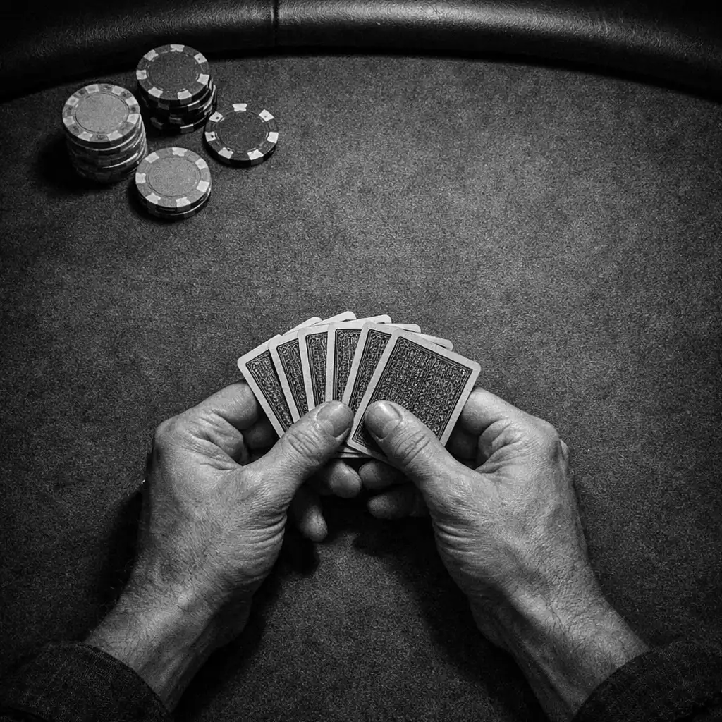 Adult hands holding anonymous playing cards above a felt card table