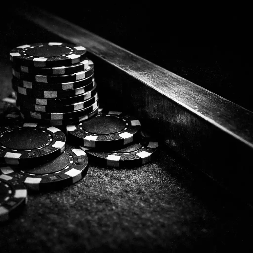 Monochrome close detail of unmarked chips resting against a felt table edge
