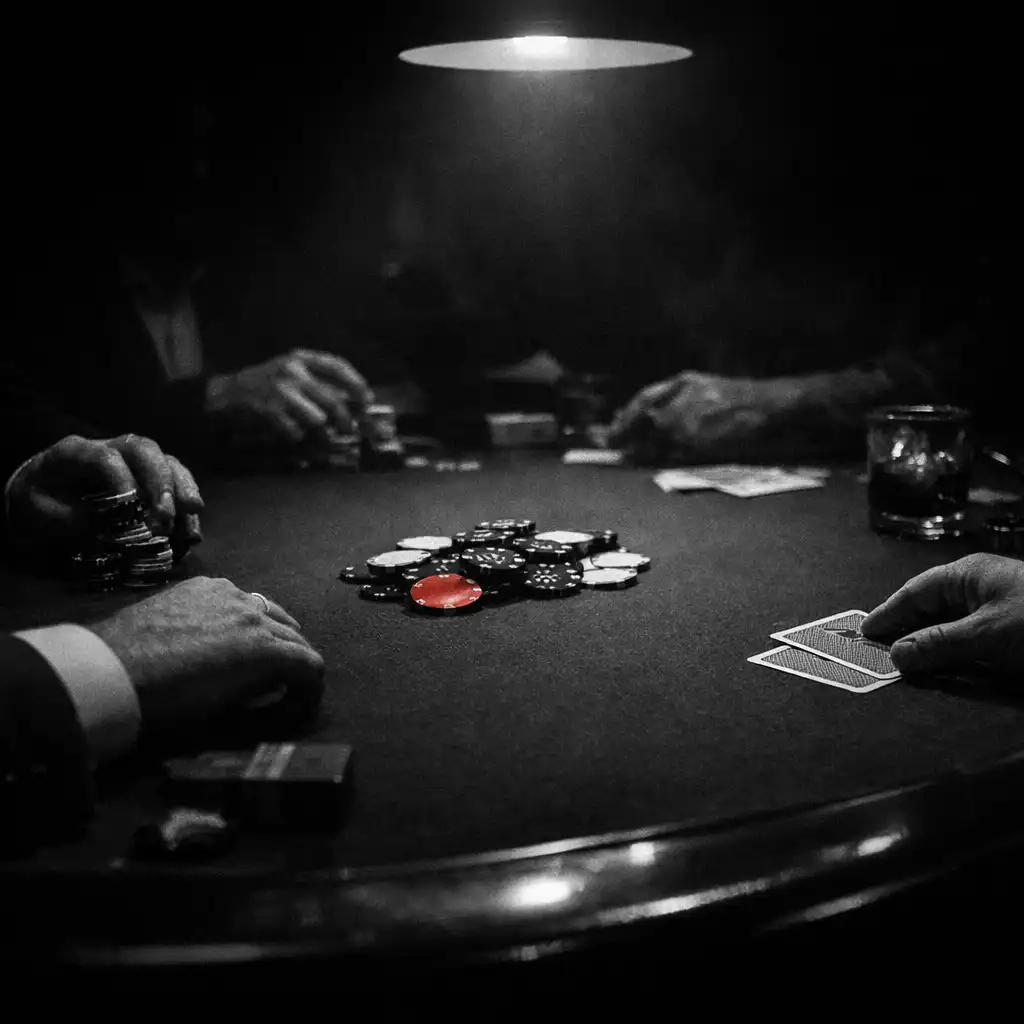Anonymous group hands, chips, and cards gathered around a large dark table