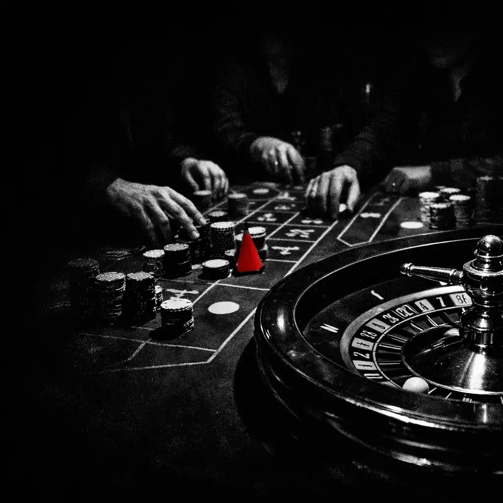 Roulette wheel, chips, and adult hands gathered around a dark felt table