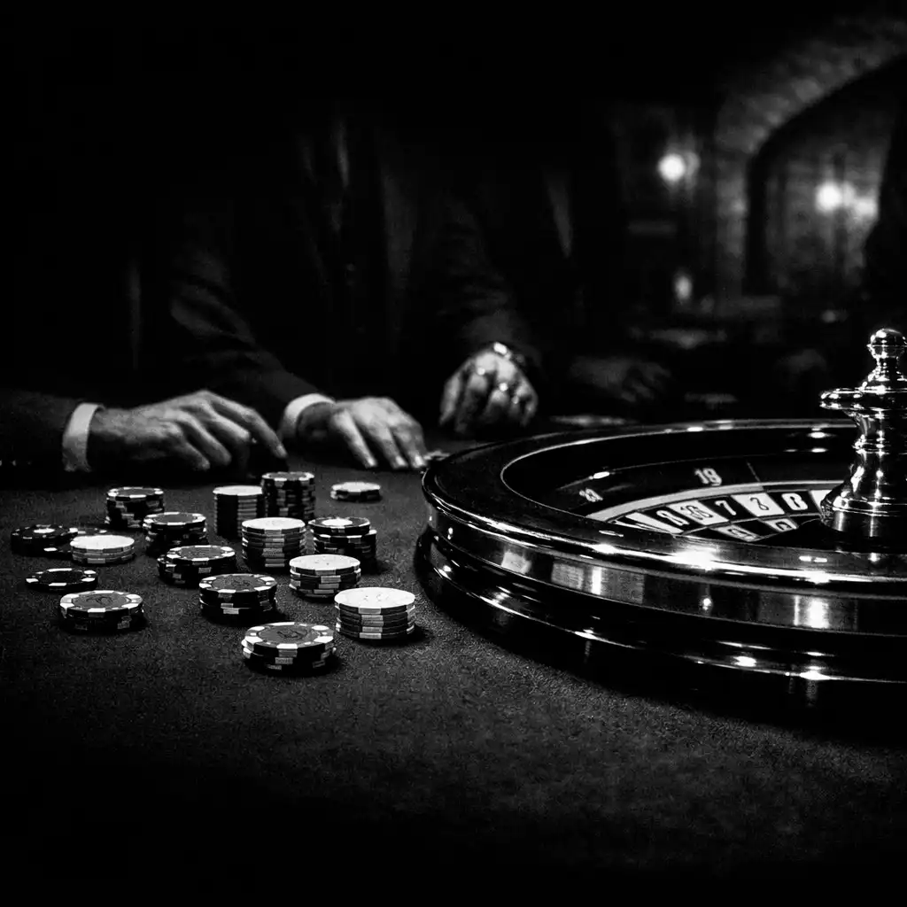 Roulette wheel with chips and several adult hands close to a felt table