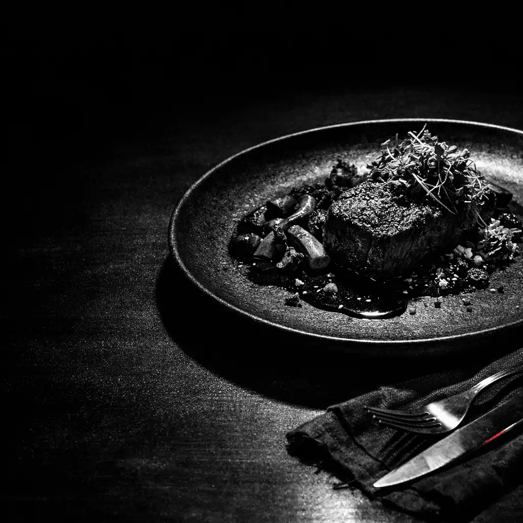 A plated dish on a dark table under focused low light.