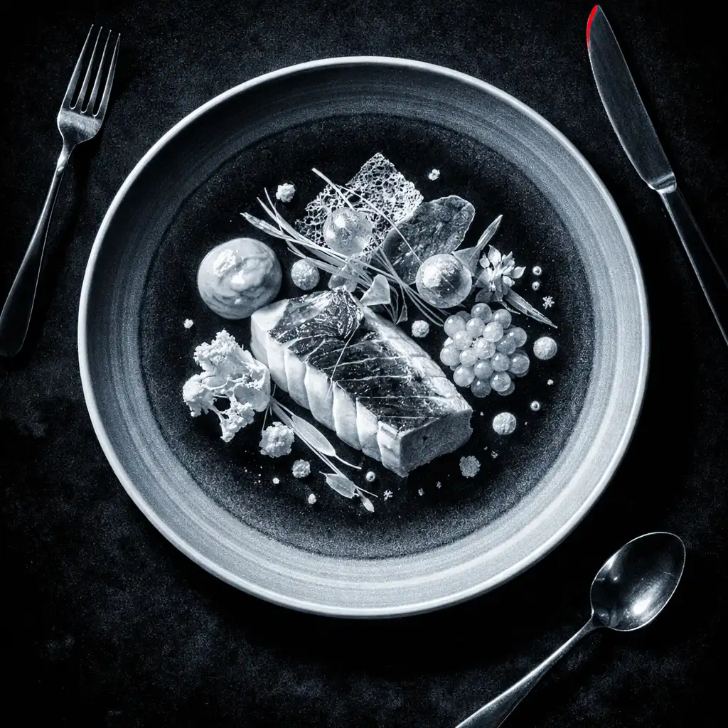 An editorial overhead view of a plated dish with pale contours against a dark stone surface.