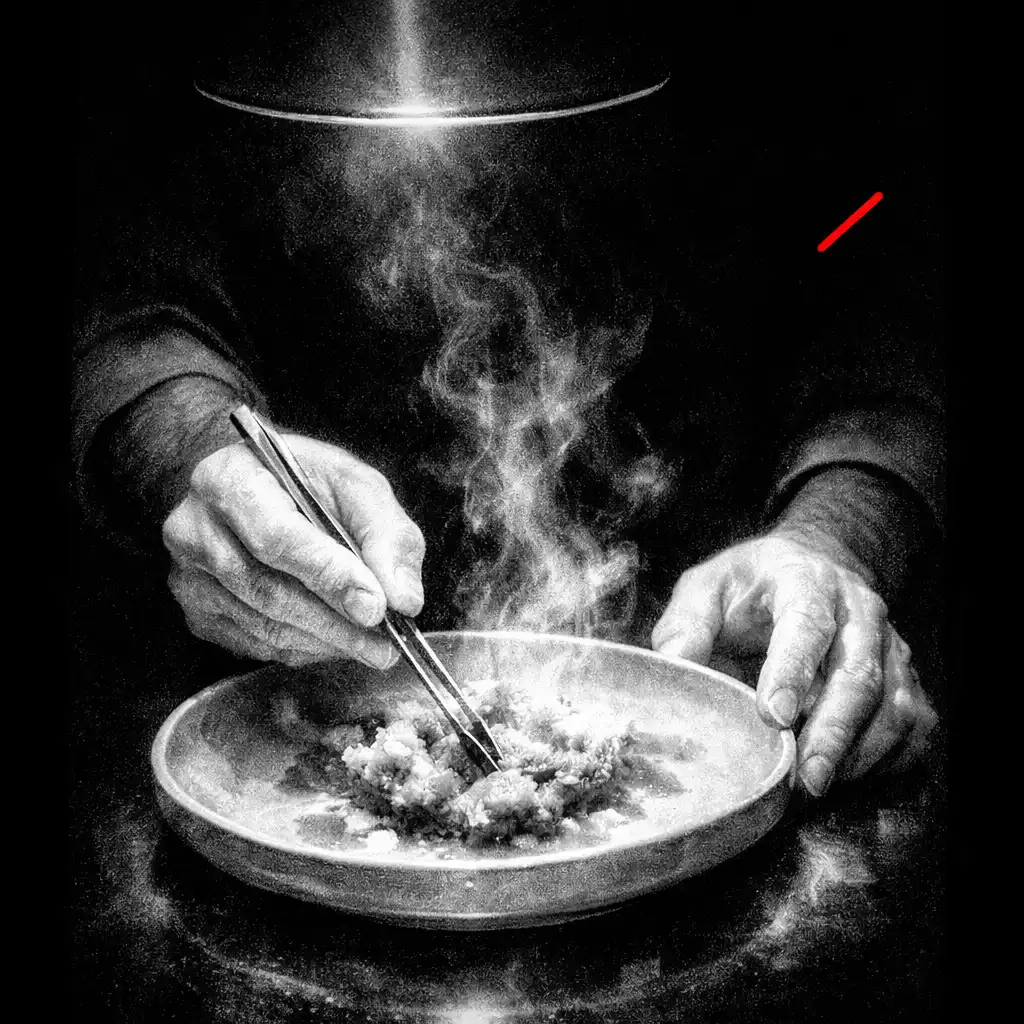 Chef’s hands making a precise finishing gesture over a plate.