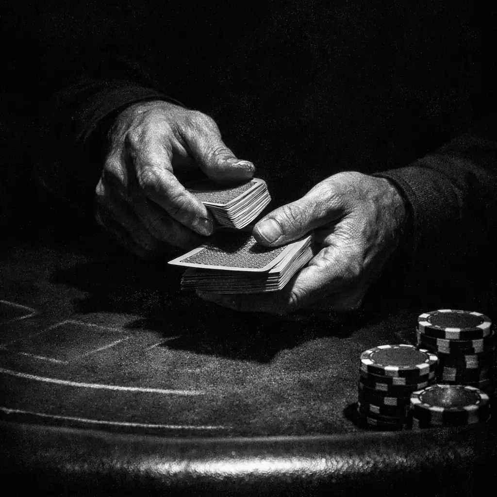 Adult hands holding playing cards over a dark blackjack table with a few chips catching light
