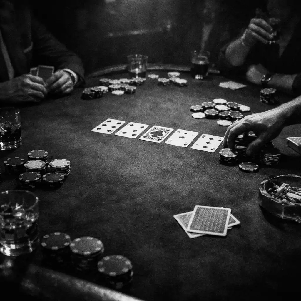 Social card table with dark felt, cards, chips, glasses, and adults gathered in low light