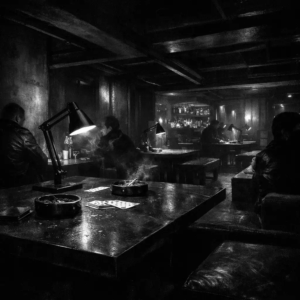 Wide view of dark shared tables, low seating, angular lamps, and textured walls in the underground room