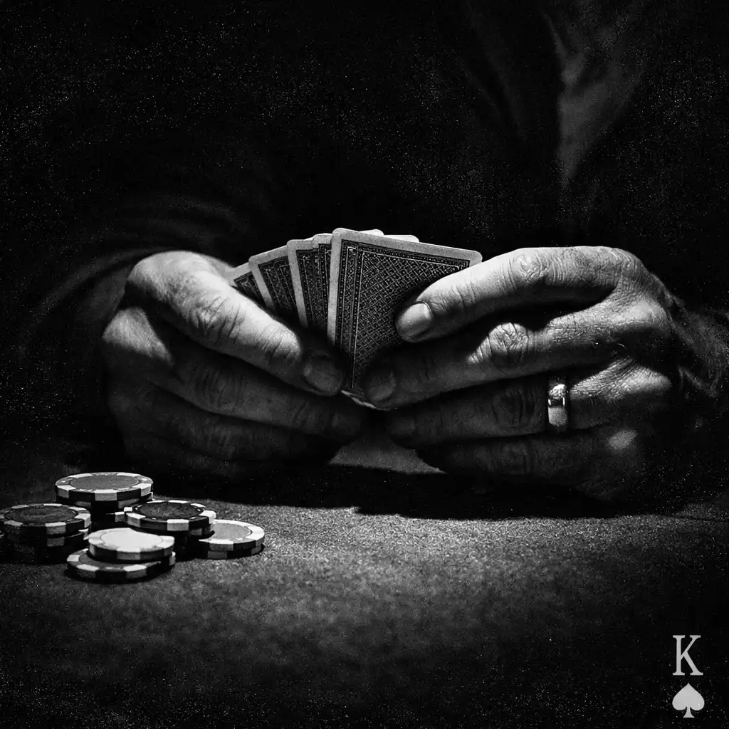 Adult hands holding playing cards above dark felt beside a small scatter of chips