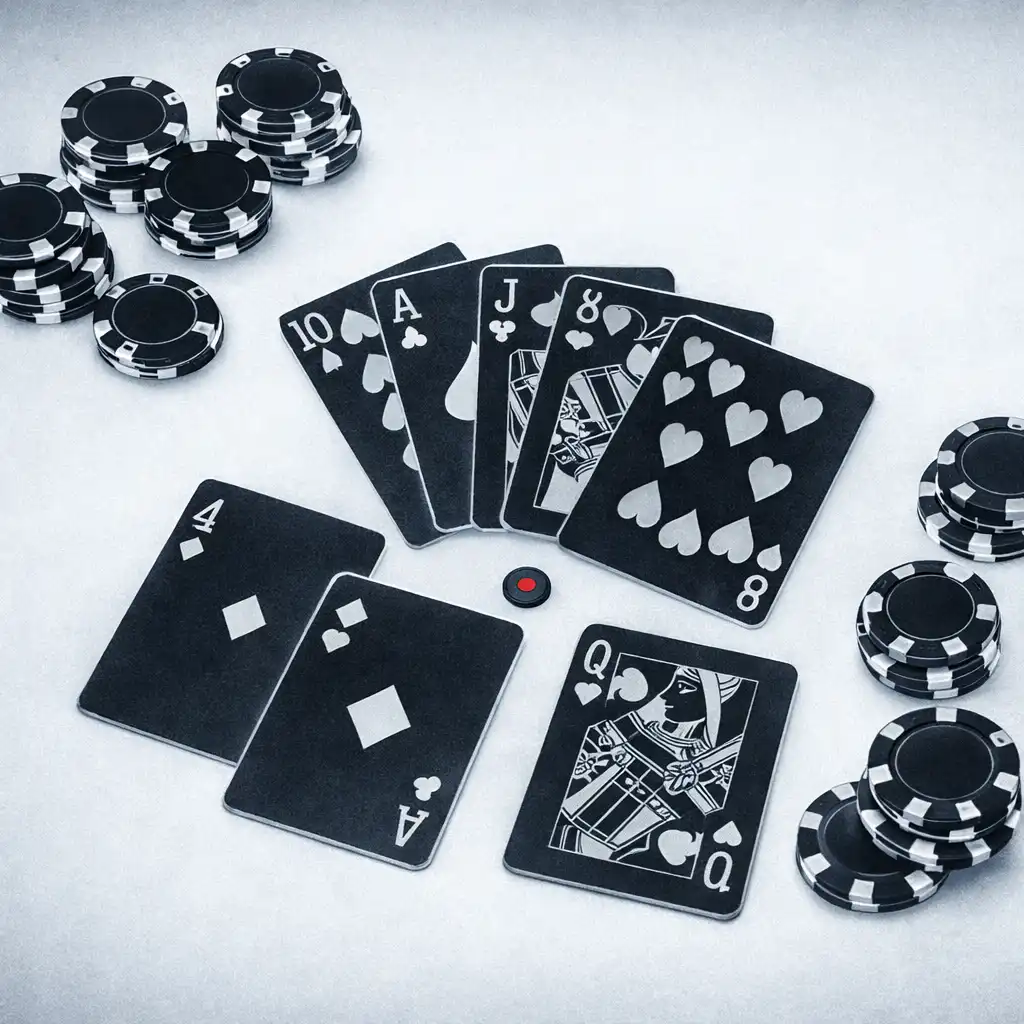 Inverted still life of playing cards and chips spread across a gaming table, with pale table tones and dark object contours