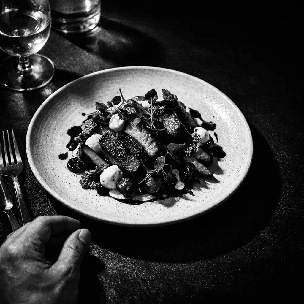 Plated dish on a dark table with glassware, cutlery, and an adult hand at the edge of the frame