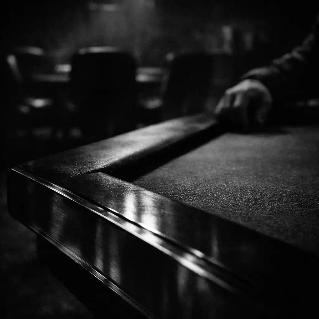 Diagonal edge of a dark gaming table with chair silhouettes, reflective detail, and a quiet arm at the edge
