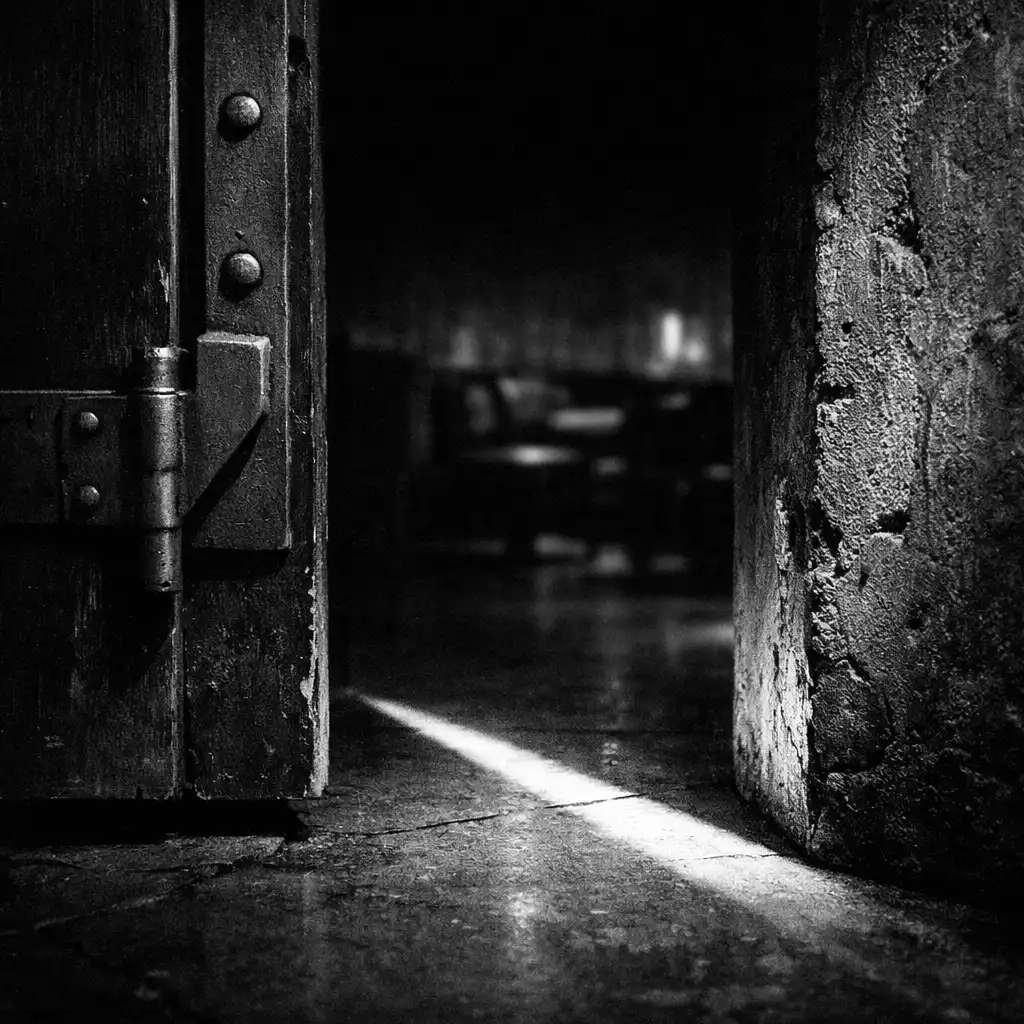 Close view of a dark doorway edge, angular hardware, textured wall, and a blade of light across the floor