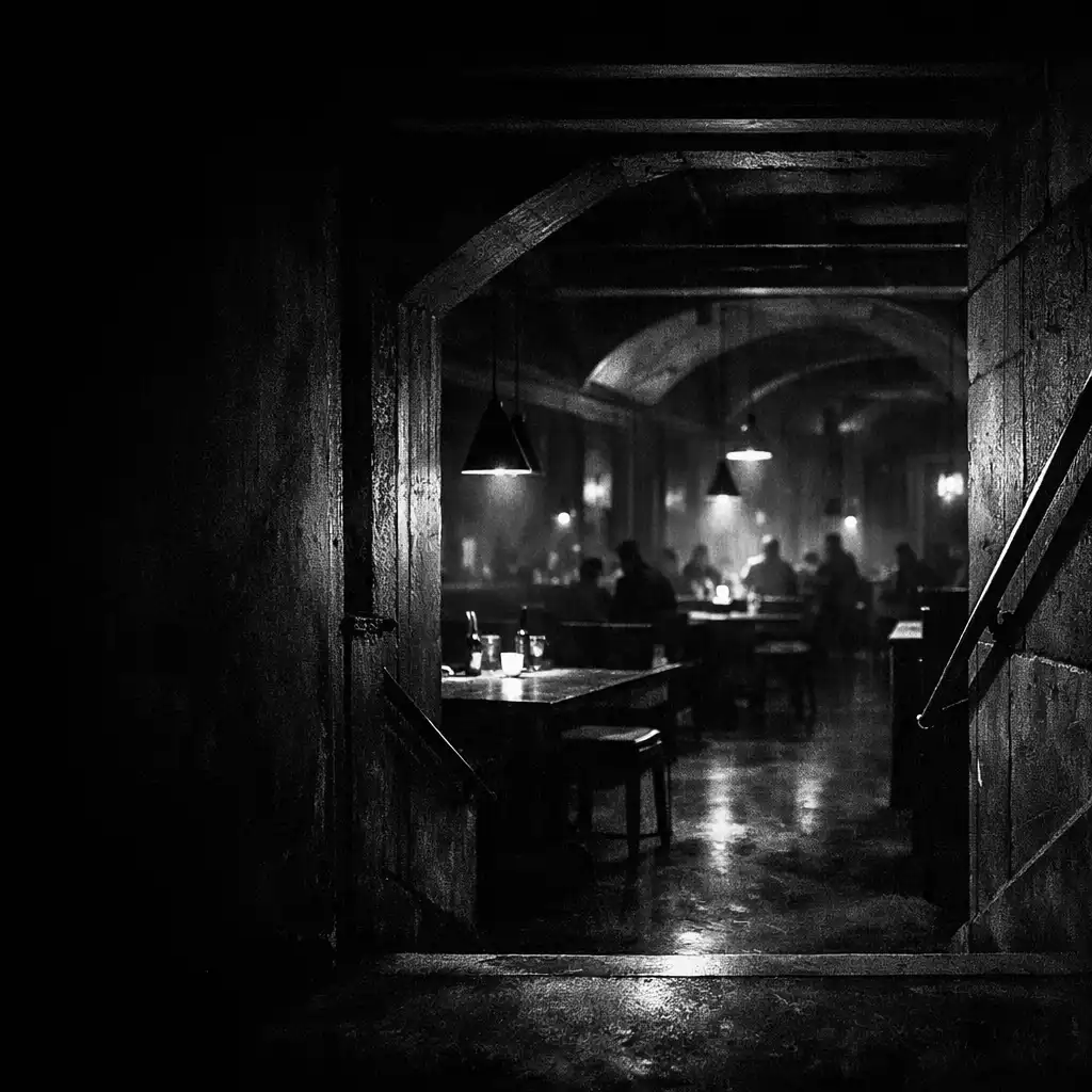 Dark underground passage opening toward low-lit tables and distant silhouettes inside TABLE QIRON