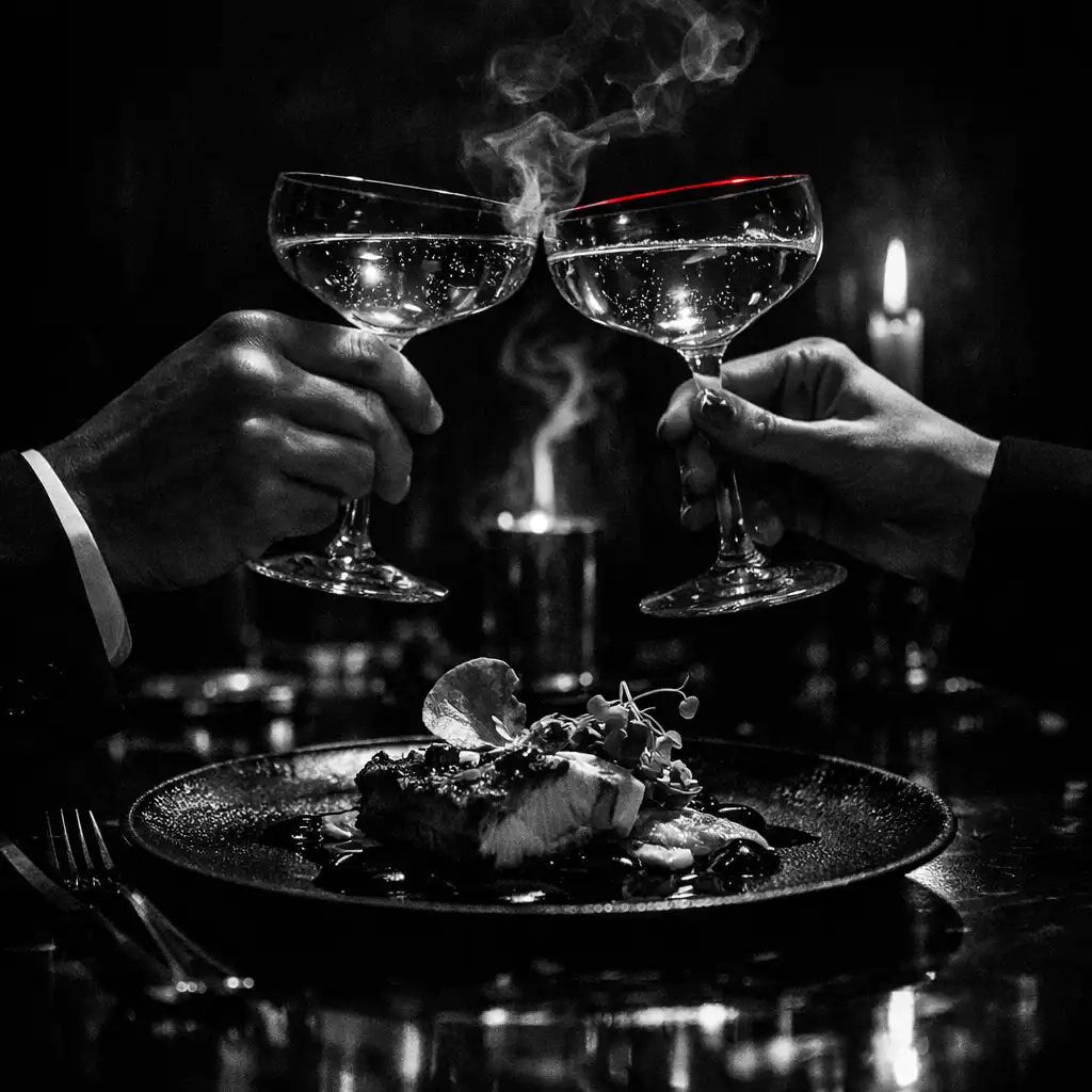 Coupe glasses and a plated course catching candlelight on a dark celebration table.