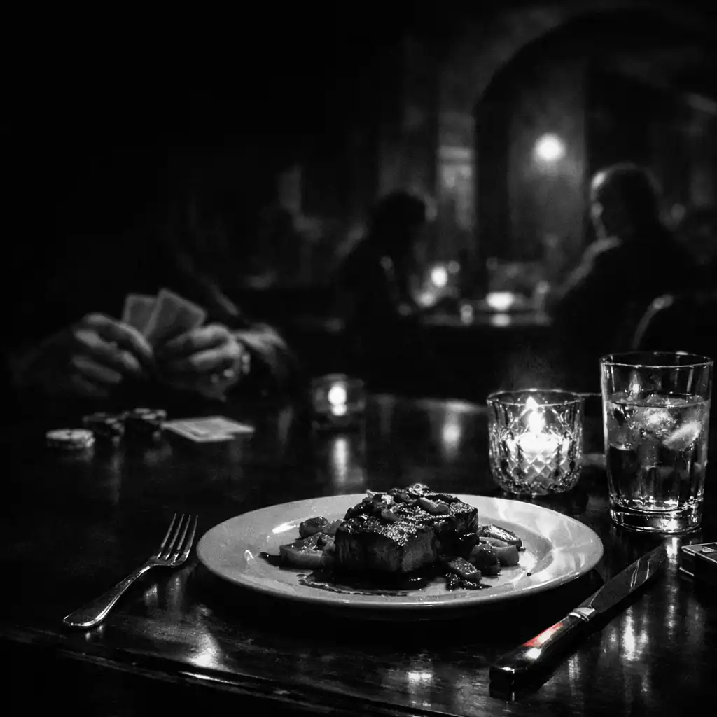 A plated dish and candlelit table in the foreground, with cards and hands visible deeper in a shadowed lounge.