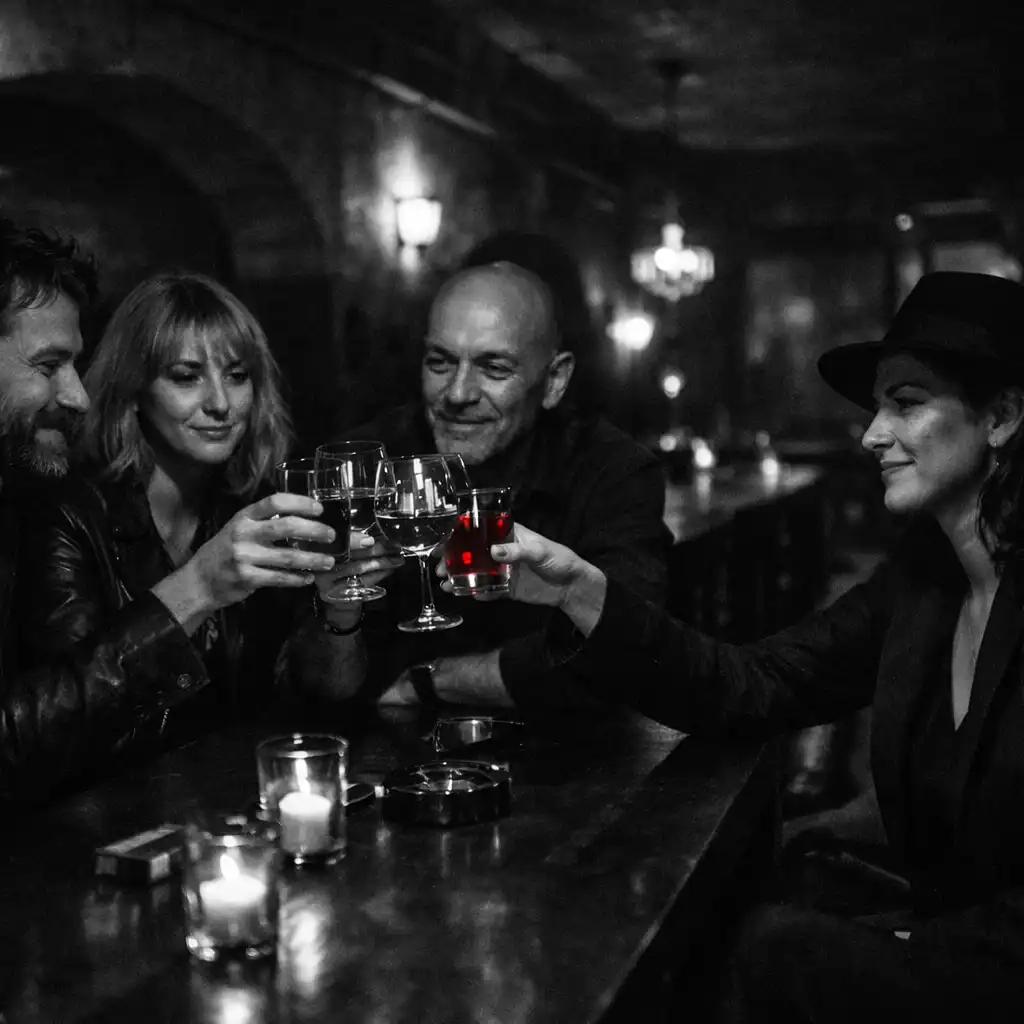 A small group quietly toasting beside a long table in a shadowed underground restaurant lounge.