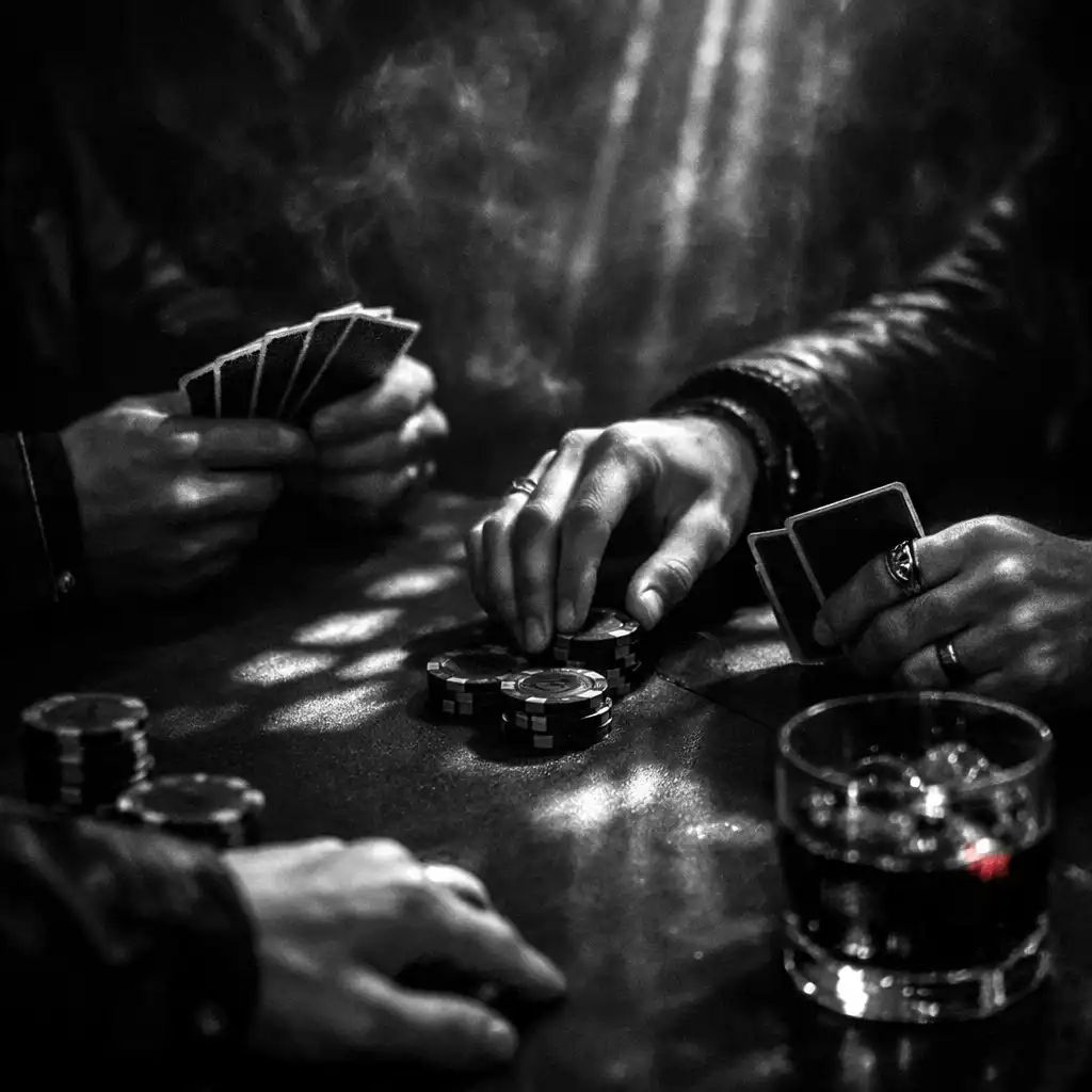 Hands, cards, chips, and a drink gathered around a dark underground lounge table.