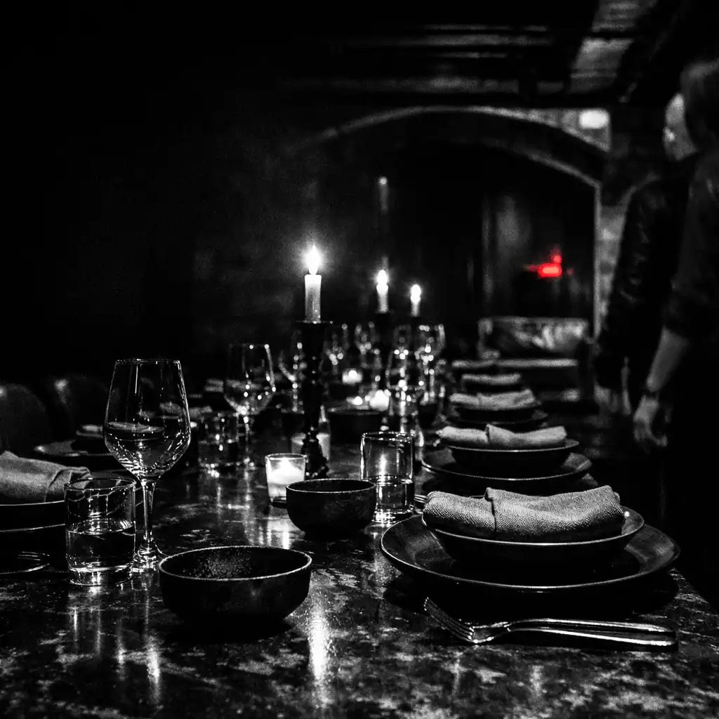 A candlelit long table set in TABLE QIRON’s shadowed underground restaurant setting.