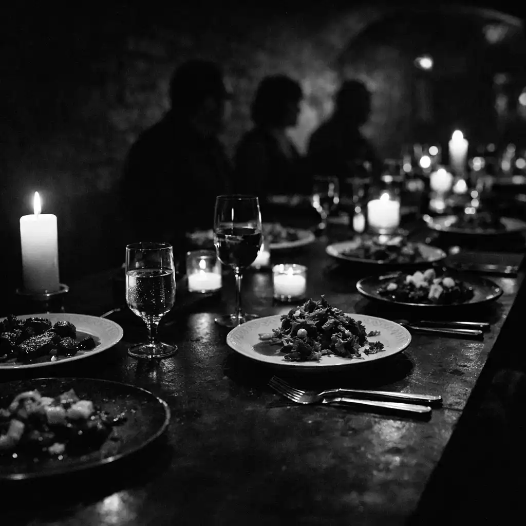 Plated courses, glasses, candles, and dark table surfaces in a late-night dining room.