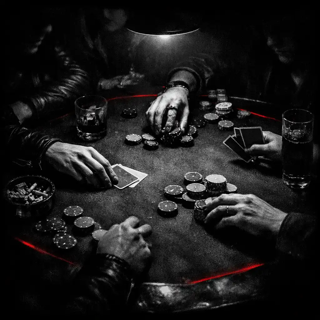 Adult hands gathered around a dark social card table with glassware and textured felt.