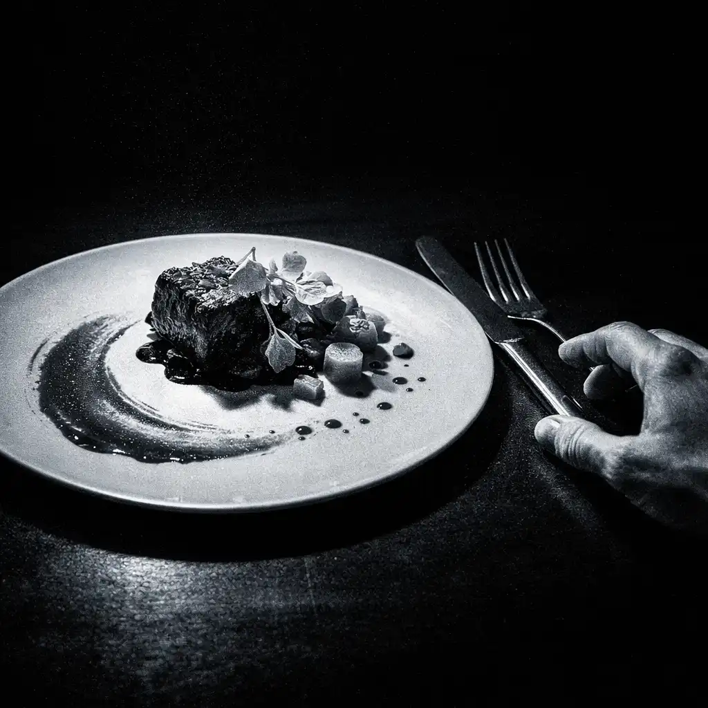 A refined plated dish and hand in a high-contrast cold ash treatment.