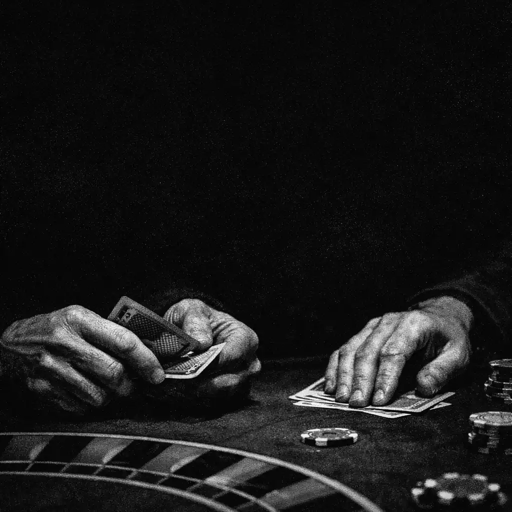Adult hands, cards, roulette table detail, and chips at a dark card table.