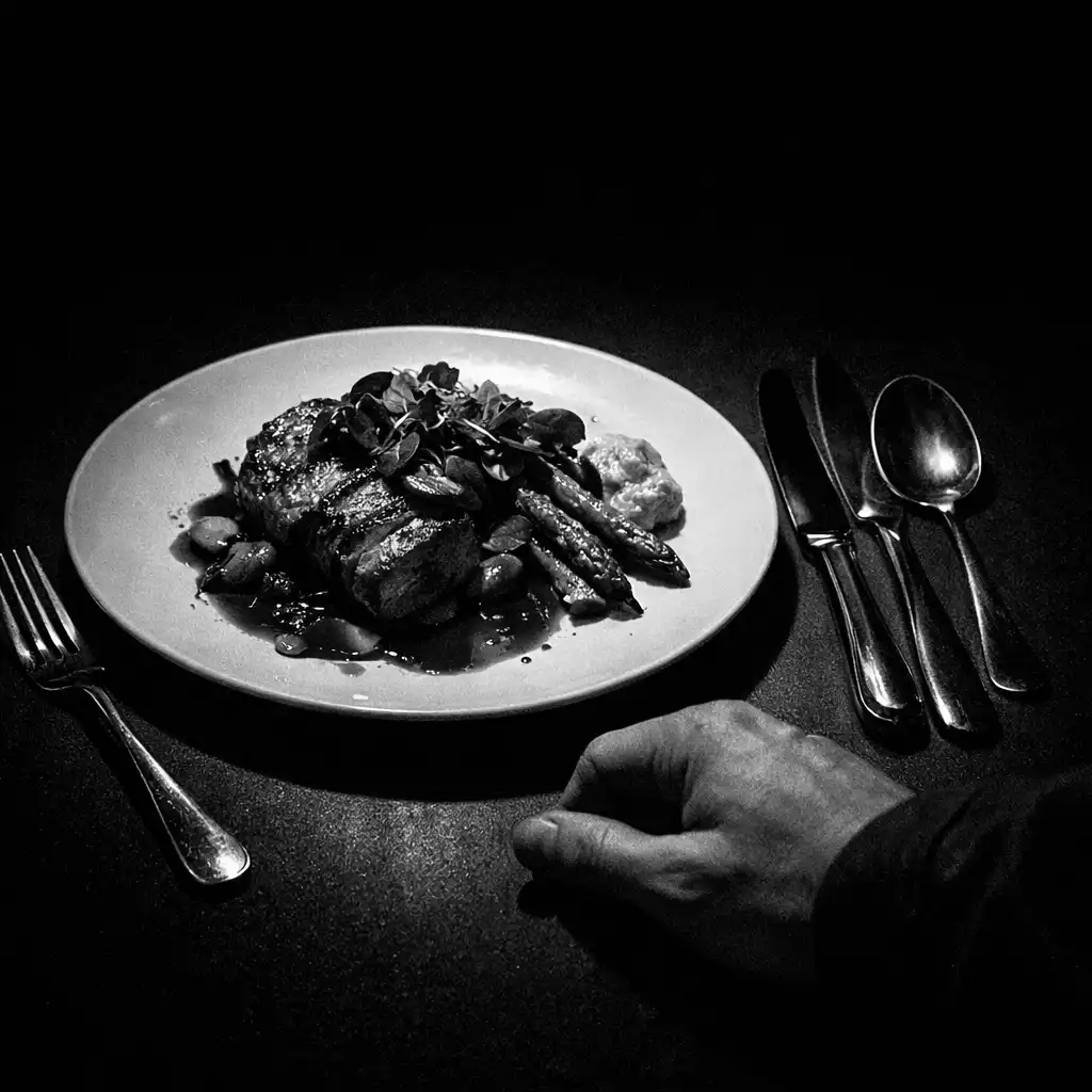 A plated dish, cutlery, and a hand under a sharp pool of restaurant light.