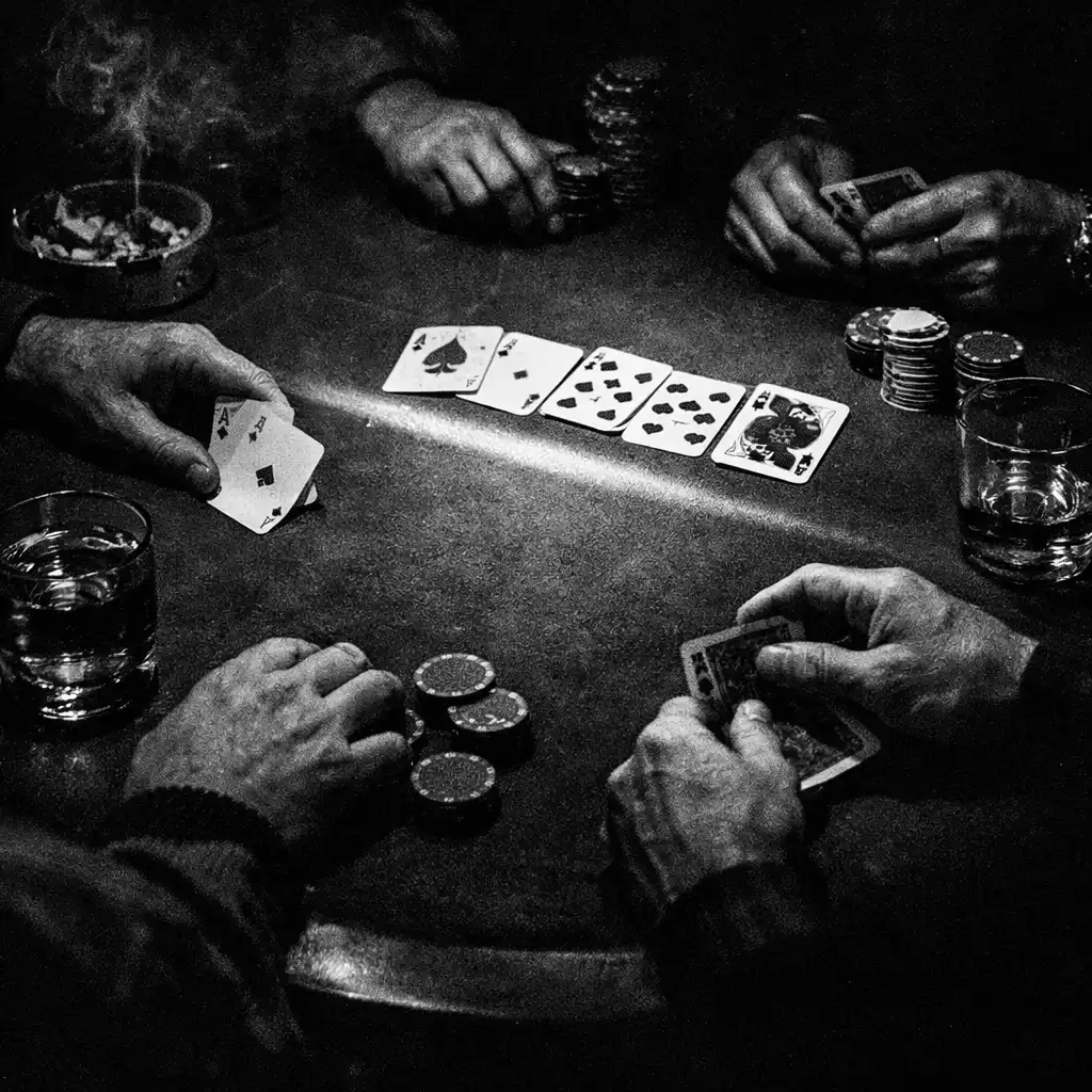 Several adult hands gathered around cards and chips on a late-night table.