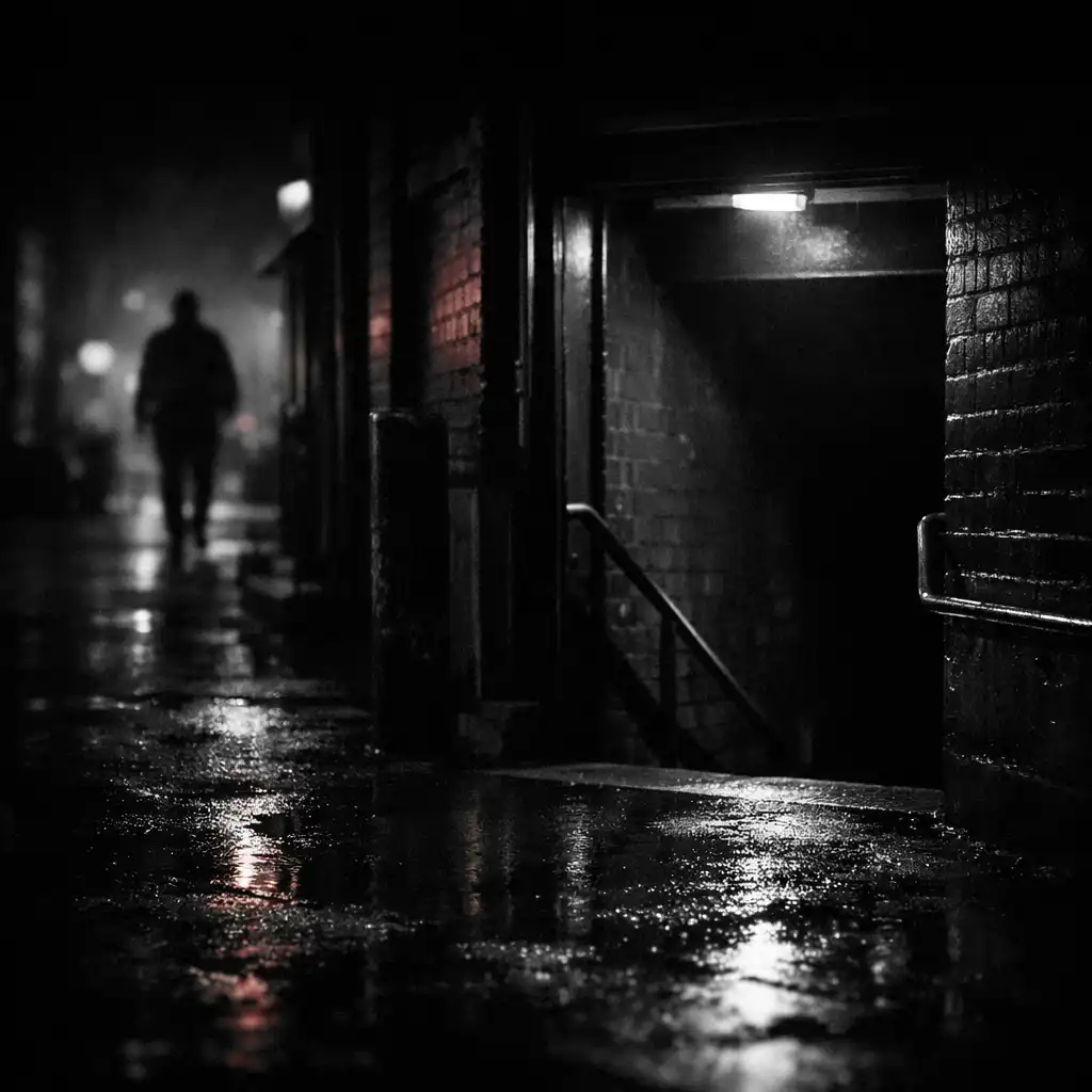 A dark Toronto threshold with wet pavement and an approaching figure.